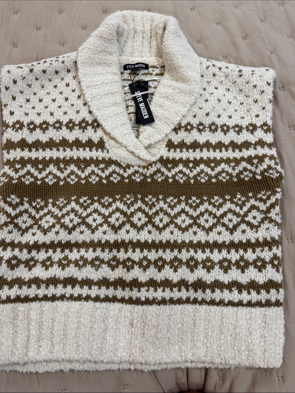 Steve Madden Cream & Brown V-Neck Fair Isle Women's Sweater
